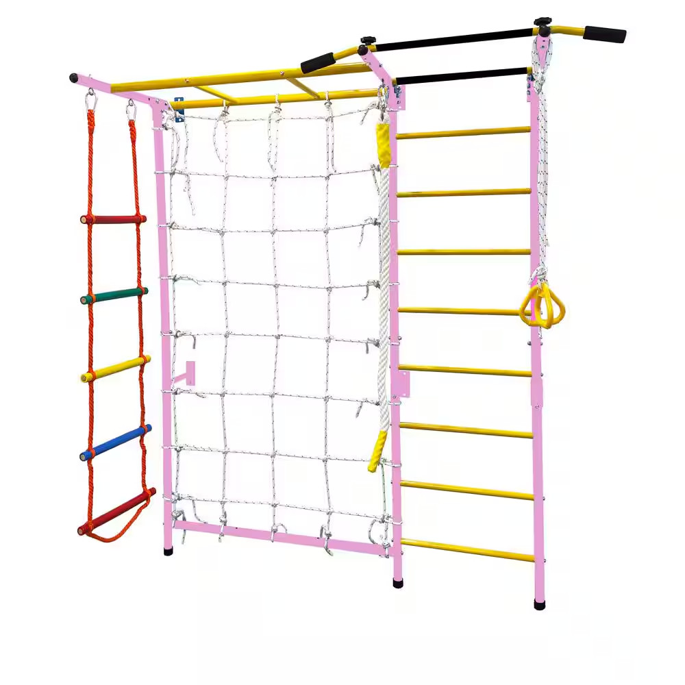 7-In-1 Large Pink Paradise Swedish Ladder Wall Child’S Gym Playset Rope Wall Cli