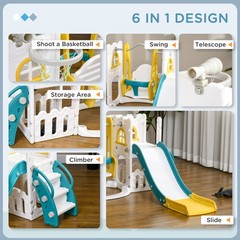 6 in 1 Toddler Slide and Swing Set w/ Basketball Hoop Climber Yellow Refurbished