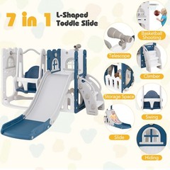 7 in 1 L-shaped Toddle Swing and Slide Set w/Swing Basketball Hoop & Telescope
