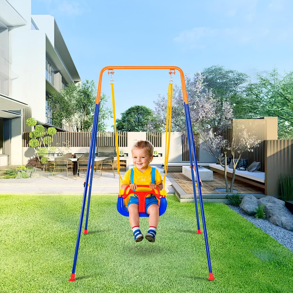 3-in-1 Toddler Swing Set, Foldable Metal Stand for Indoor/Outdoor Fun