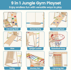 Indoor Jungle Gym, 9 in 1 Wooden Montessori Baby Climbing Toys with Adjustable 2