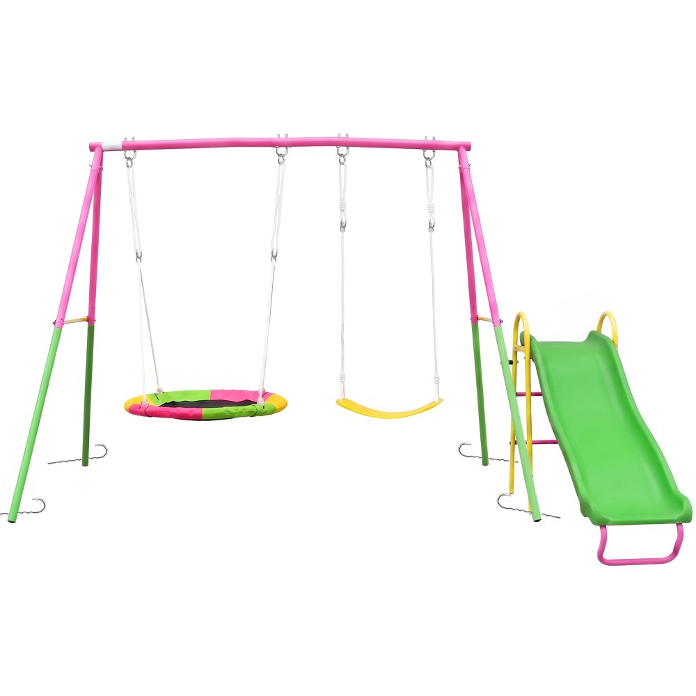 Swing Sets for Backyard with Kids Slide Outdoor Metal Playset 3 in 1 Swing Set