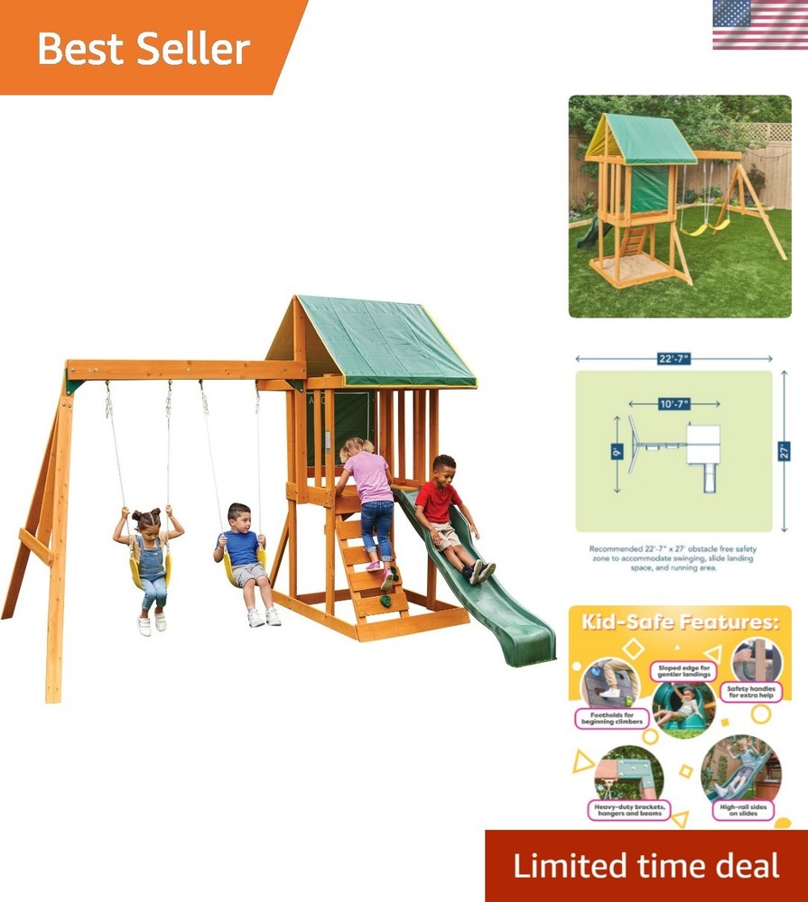Durable Appleton Wooden Swing Set with Slide, Rock Wall & Chalkboard for Kids