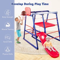 Kids 7-In-1 Indoor Playground w/ Slide Climbing Net Crowling Ladder Rope Ladder