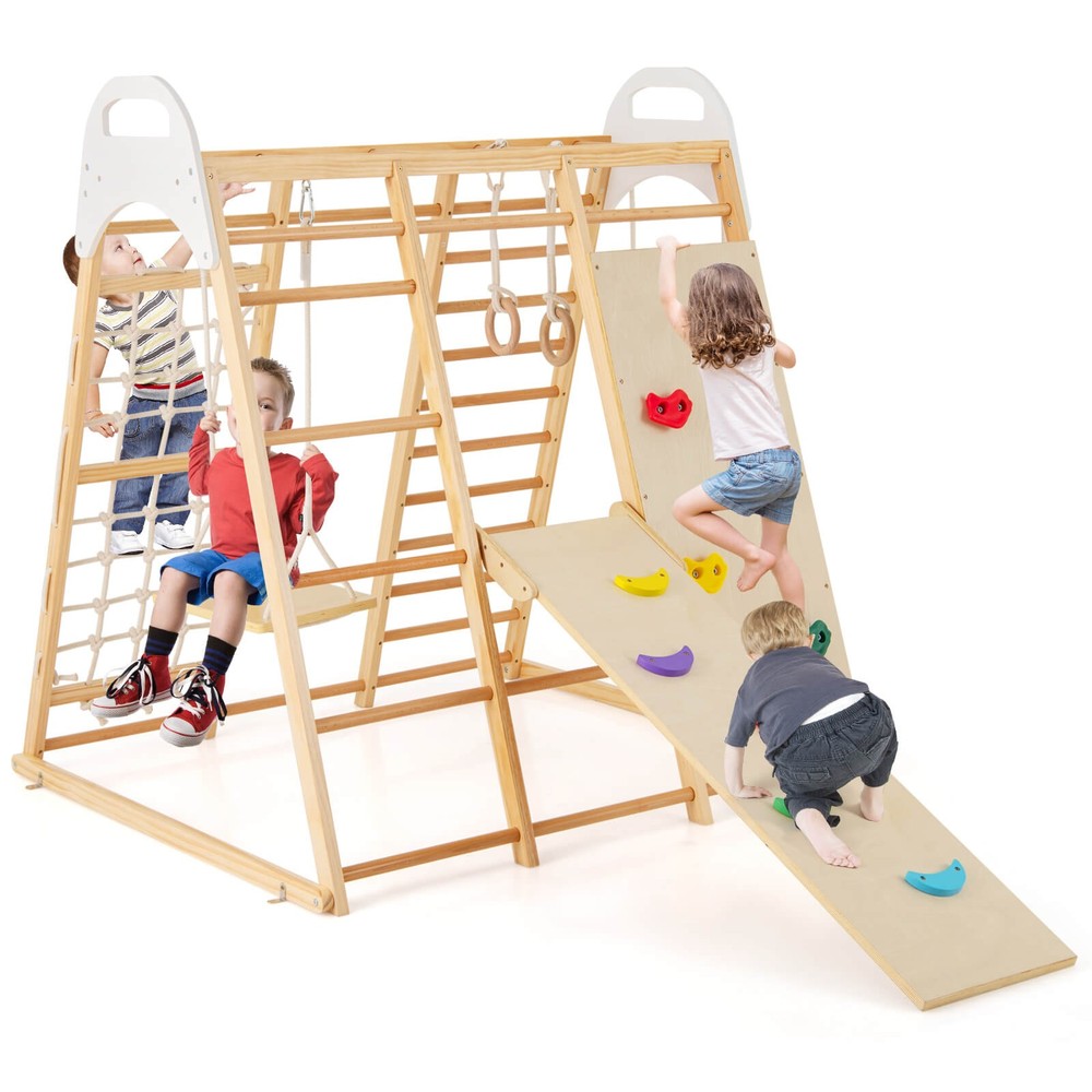 8-in-1 Jungle Gym Playset, Wooden Climber Play Set w/ Monke Natural