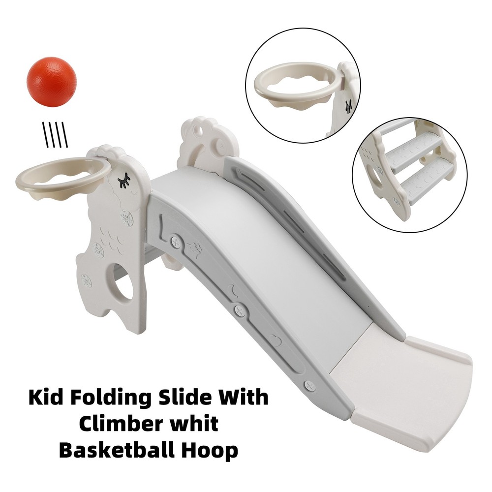 3In1 Kid Folding Slide With Climber,Basketball Hoop,Freestanding Slide Toy
