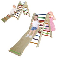 Pikler Triangle Ladder with Ramp and Slide, Wooden Foldable 2-in-1 for Toddlers
