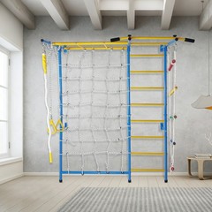 Indoor Playground Wall Gym with Monkey Bars, Rope Ladder, Pull-up Bar & Rings