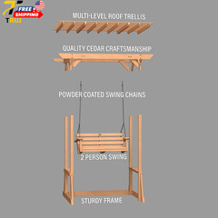 Wood Outdoor Patio Pergola Swing Bench with Trellis 600Lb Weight Capacity for Po