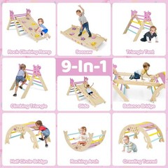 Triangle Set, Wooden Montessori Climbing Set w/Arch Ramp Climbing Rope & Ladder