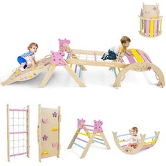 Triangle Set, Wooden Montessori Climbing Set w/Arch Ramp Climbing Rope & Ladder