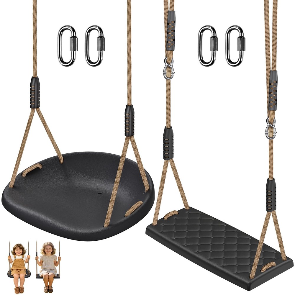 Heavy-Duty 2-Pack Black Swing Seats w/Adjustable Ropes & Hooks for Kids/Adults