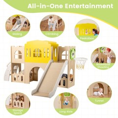7-in-1 Toddler Slide Set Wooden Castle-Shaped Entertainment Activity Center