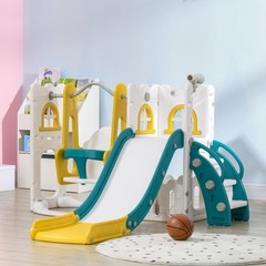 6 in 1 Toddler Slide and Swing Set w/ Basketball Hoop Climber Yellow Refurbished