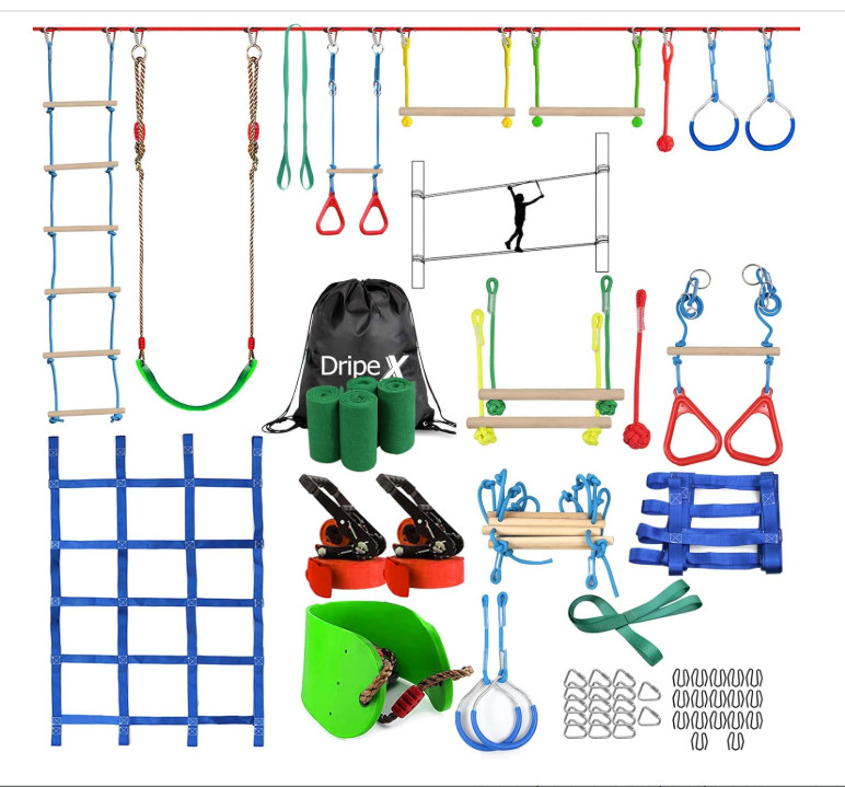 Ninja Warrior Obstacle Course for Kids- 2×65ft Slackline Kit with 10 Accessories