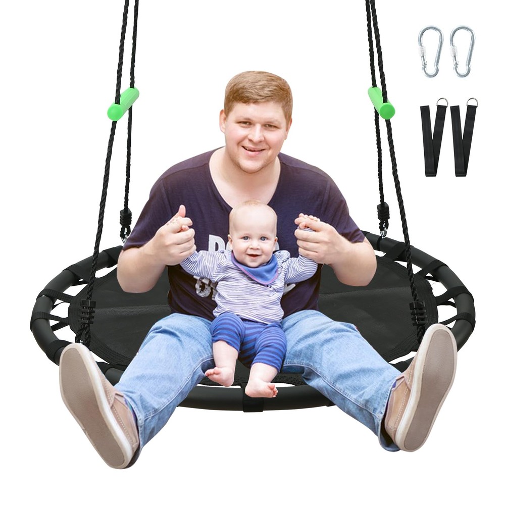 Black Round Saucer Swing with Handles -Made of Sturdy Frame,PP Mat,Adjustable…