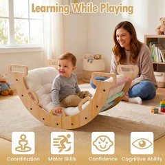 Wooden Rocking Climbing Arch w/Cushion, 3-in-1 Montessori Kids Climber Rocker