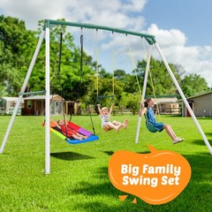 Hapfan 9.5ft Tall Heavy Duty Metal Outdoor Swing Set with 3 Swings & Trapeze Bar