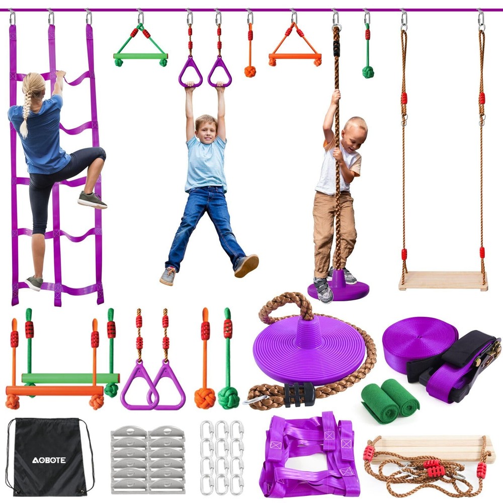 Ninja Warrior Obstacle Course for Kids-Slackline 52ft with 9 Accessries,Awing…