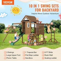 Innovative Wooden Playground 10-in-1 Set with 6ft Slide Cooking Station Ladder