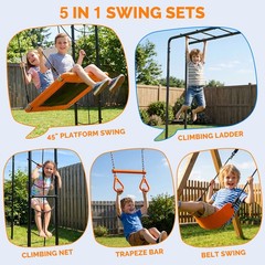 Metal Swing Set for Kids Backyard with Swings, Climbing Ladder Trapeze Bar 550lb
