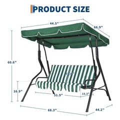 Adjustable 3-Seat Green Outdoor Swing with Canopy, Steel Frame & Thick Cushions