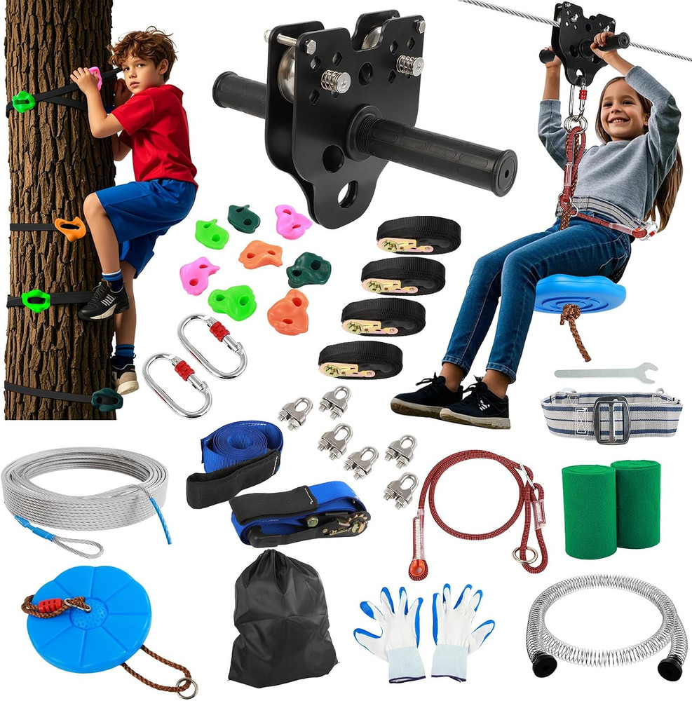 Zipline for Backyard Kids and Adults: 200FT up to 400 Lbs – Updated Removable De