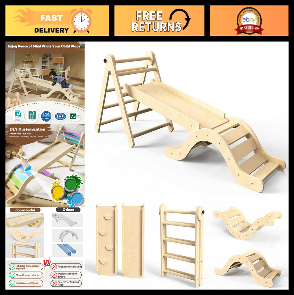 7-in-1 Wooden Pikler Triangle Climbing Set for Toddlers – Indoor Jungle Gym, Fol