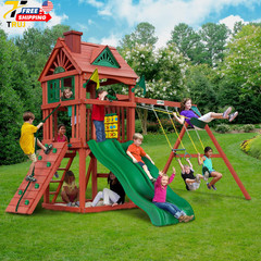 Wooden Swing Set with Wood Roof Two Slides Swings and Climbing Wall Playsets NEW