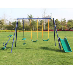 Metal Outdoor Swing Set Patio Swing with 2 Swing Seats, 1 Glider, 1 Slide