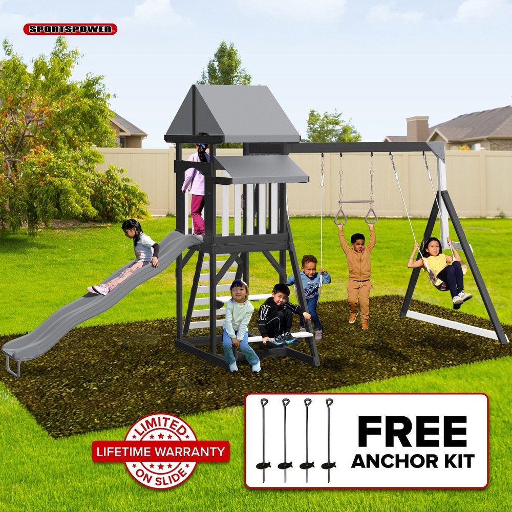 Wooden Swing Set 2 Swings Trapeze Play Fort Rock Climber Bench Slide Sandbox
