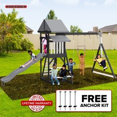 Wooden Swing Set 2 Swings Trapeze Play Fort Rock Climber Bench Slide Sandbox