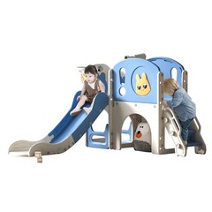 6 in 1 Toddler Slide Playset Climber Playground for Kids w/ Basketball Hoop Blue