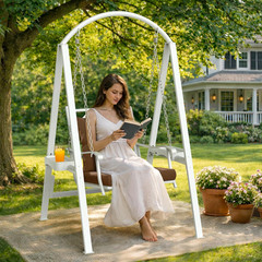 Heavy-Duty Porch Swing with Stand, Adjustable Chains, Removable Cushion, White