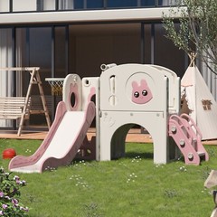 6 in 1 Toddler Slide Playset Climber Playground for Kids w/ Basketball Hoop Pink