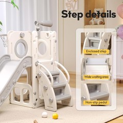 6 in 1 Toddler Playset with Hoop Ball Kids Playground Slide Outdoor Toys Gray