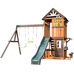 Kids Wooden Swing Slide Set Playhouse Kitchen, Rock Wall Outdoor Playground