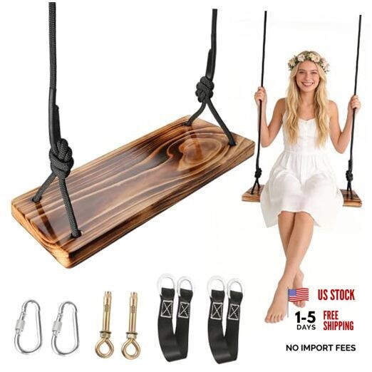 Carbonized Wooden Swing,Aspelve Hanging Tree Swing with Heavy Duty 440 18″x 8″