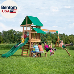 Belmont Cedar Wood Swing Set with Wave Slide, Play Deck, Rock Wall Ladder, Snack