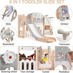 8 in 1 Toddler Slide Playset for Age 1-3 with Climber Toy Storage Gray and Pink