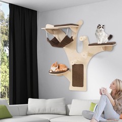 Wall-Mounted Cat Tower w/ Perch Hammock Sisal Scratching Posts & Mat Cushions