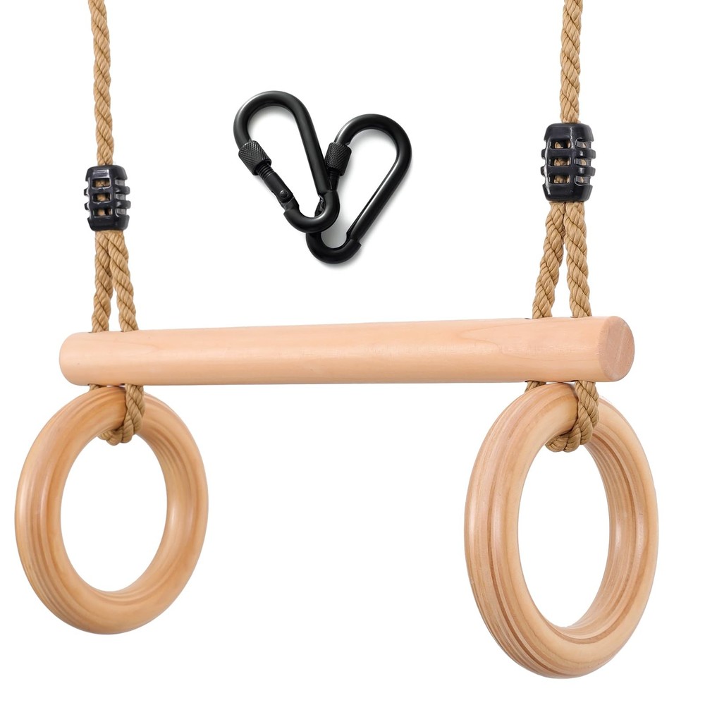 Children’s Trapeze Swing Bar with Wooden Gym Rings,Trapeze Bar for Swing Set