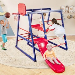 Kids 7-In-1 Indoor Playground w/ Slide Climbing Net Crowling Ladder Rope Ladder