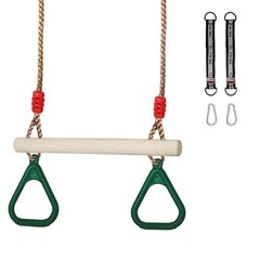 Trapeze Swing Bar with Rings, Wooden Trapeze Swing Bar with Plastic Gym Green