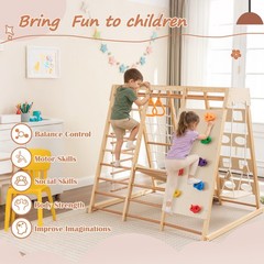9-in-1 Indoor Wooden Play Structure w/ Slide & Climbing Wall for Toddlers Age 3+