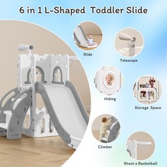 6 in 1 Toddler Slide,Baby Playset for Indoor Outdoor Playground with Basketba…