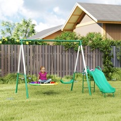 Metal Swing Set with Slide, Heavy Duty Swing Set, Dark Green