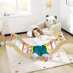3-in-1 Kids Climber Set Wooden Arch Triangle Rocker w/ Blue & Ramp Mat
