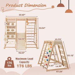 9-in-1 Indoor Wooden Play Structure w/ Slide & Climbing Wall for Toddlers Age 3+