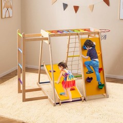 6-in-1 Jungle Gym w/Slide Rock Climbing Basketball Hoop Monkey Bar Rope Net